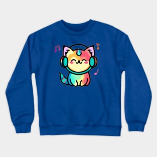 Happy smiling baby pussy cat with headphones. Kawaii cartoon Crewneck Sweatshirt